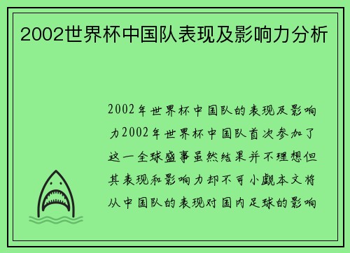 2002世界杯中国队表现及影响力分析